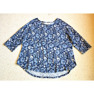 Womens Top-RACHEL ZOE-navy/blue/beige floral linen knit tunic Cottagecore 3/4-2X